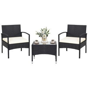 Tangkula 3PCS Wicker Rattan Furniture Patio Coffee Table Chair w/ Washable Cushion - 1 of 4