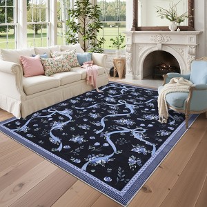 Washable Modern Floral Cute Bow Rug Non Slip Low Pile Rug Soft Contemporary Throw Floor Cover Foldable Indoor Carpet for Living Room Bedroom Nursery - 1 of 4