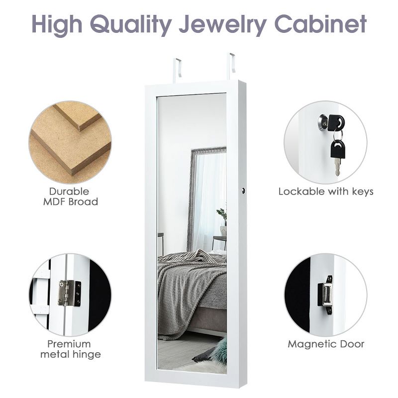 Tangkula Lockable Wall Door Mount Mirrored Cabinet Jewelry Organizer w/ LED Lights, 4 of 8