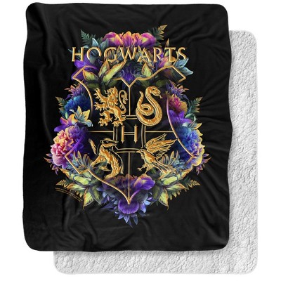 Harry Potter Hogwarts Multi-Colored Floral Crest Silky Touch Faux Shearling Back Super Soft Throw Blanket 50''x60''