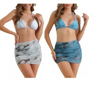 INSPIRE CHIC Women's Tie Dye Halter Tie Back Triangle Bottom Cover Up Skirt Swimwear Bikini 2 Sets - 1 of 4