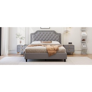 Okak Velvet Platform Bed Frame with Upholstered with Ruched Button Tufted Headboard Wood Slats No Box Spring Needed Easy Assembly - 1 of 4