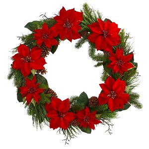 Nearly Natural 36-in Poinsettia and Pine Wreath - 1 of 1
