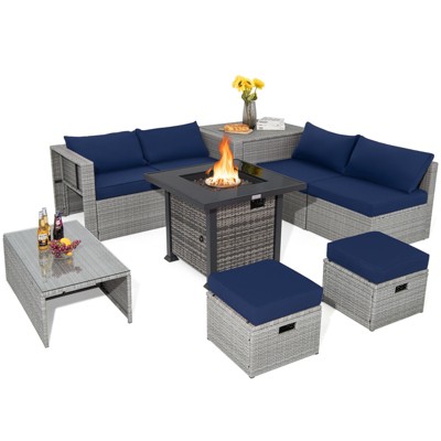 Tangkula 9 Pieces Outdoor Patio Furniture Set w/ 32" Propane Fire Pit Table Sectional Sofa Set w/ Storage Box Black/Gray/Navy/Red/Turquoise/Off White