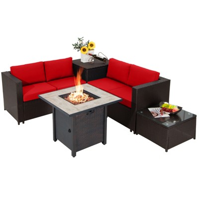 Tangkula 5-Piece Patio Furniture Set with 30 Inches Gas Fire Pit Table Outdoor PE Wicker Conversation Sectional Sofa Set with Cushions Red