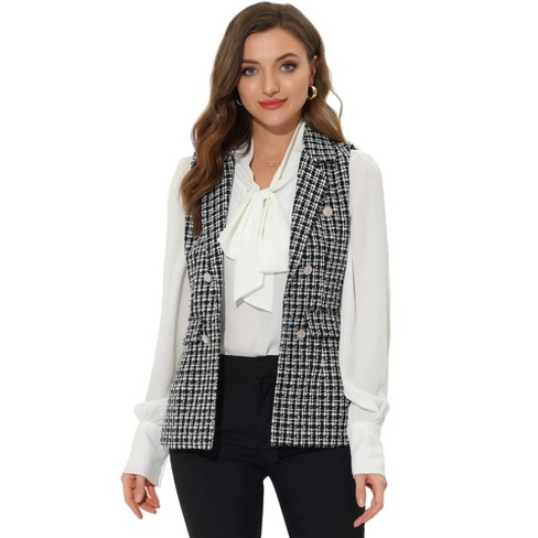 Unique Bargains Women's Plaid Tweed Blazer Long Sleeve Open Front Work  Jacket L Black 