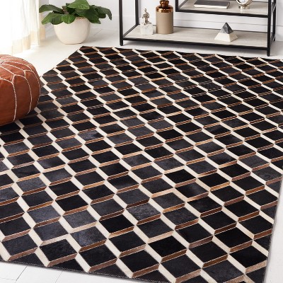 Handmade Black Geometric Wool and Cowhide Rug, 4' x 6'