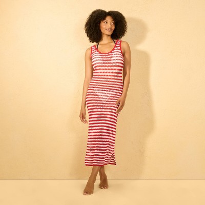 Women's Striped Crochet Midi Swim Cover Up Dress - Shade & Shore™ Red