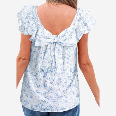 Amaryllis Women’s Ruffle Sleeve Back Bow Textured Woven Top Square Neckline Feminine Fit Soft Lightweight Blouse