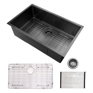 Alwen 30 x 21 Inch Brushed Stainless Steel Single Bowl Undermount Kitchen Sink with Rinse Rack and Roll Up Dish Drying Rack, Gunmetal Black - 1 of 4