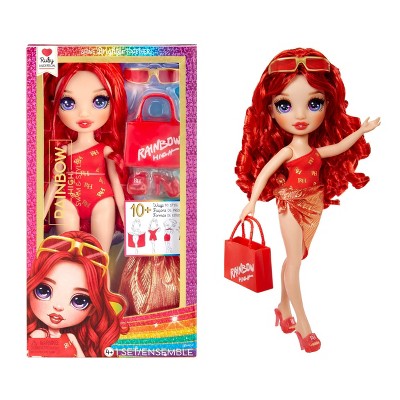 Rainbow High Swim &#38; Style Ruby Red 11&#39;&#39; Doll with Shimmery Wrap to Style 10+ Ways, Removable Swimsuit, Sandals, Accessories