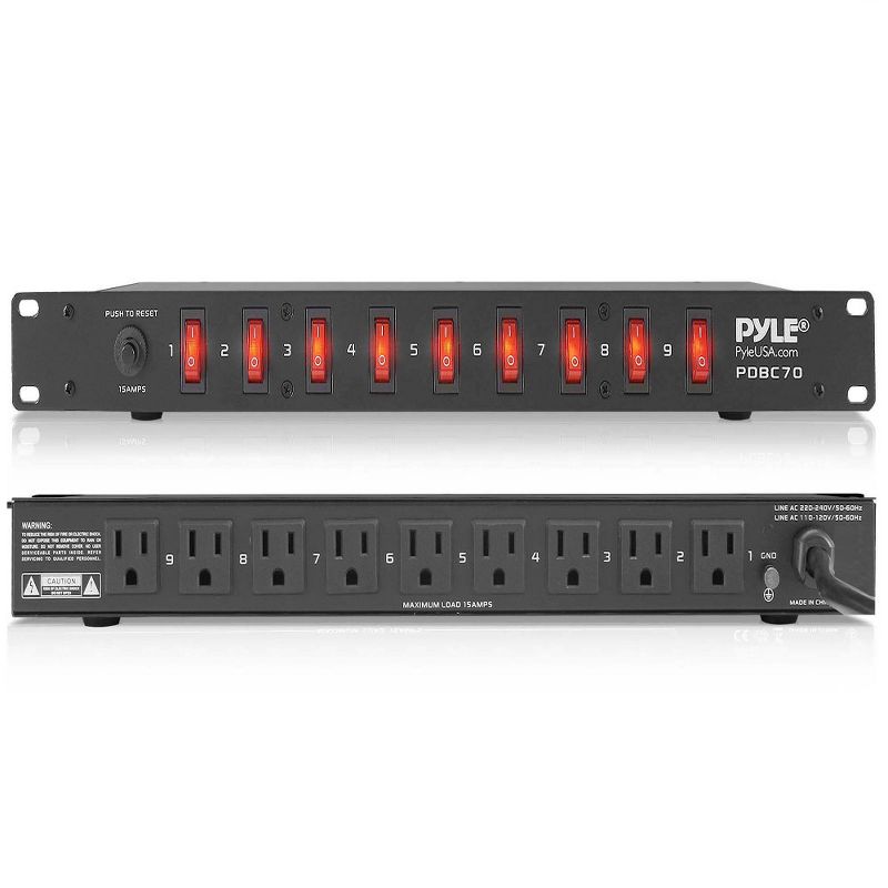 Pyle PDBC70 15 Amp 1800VA Rack Mountable PDU Power Supply Power Strip Surge Protector Extension Cord Plug Strip with 9 Outlets and AC Noise Filter, 2 of 7