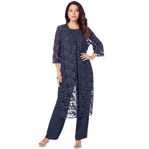 Roaman's Women's Plus Size Petite Lace Duster Pant Set - 1 of 4