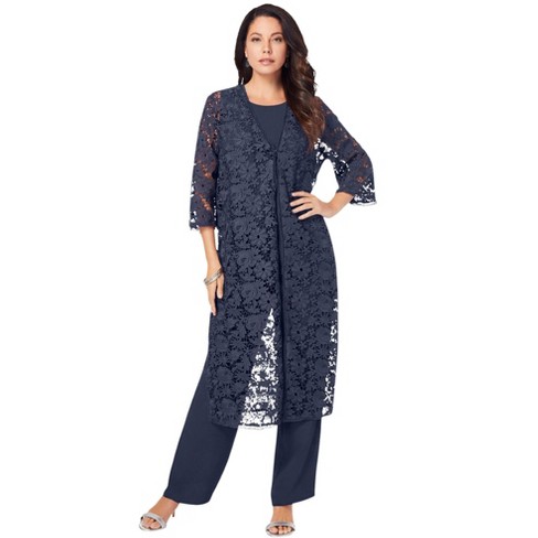 Roaman's Women's Plus Size Three-piece Lace Duster & Pant Suit - 16 W, Blue  : Target