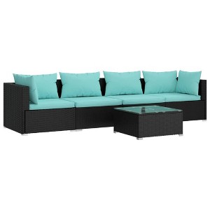 vidaXL Patio Lounge Set - 5 Piece Outdoor Sectional Sofa Set - Black Poly Rattan with Aqua Cushions - Modular Design for Garden, Patio, Deck - 1 of 4