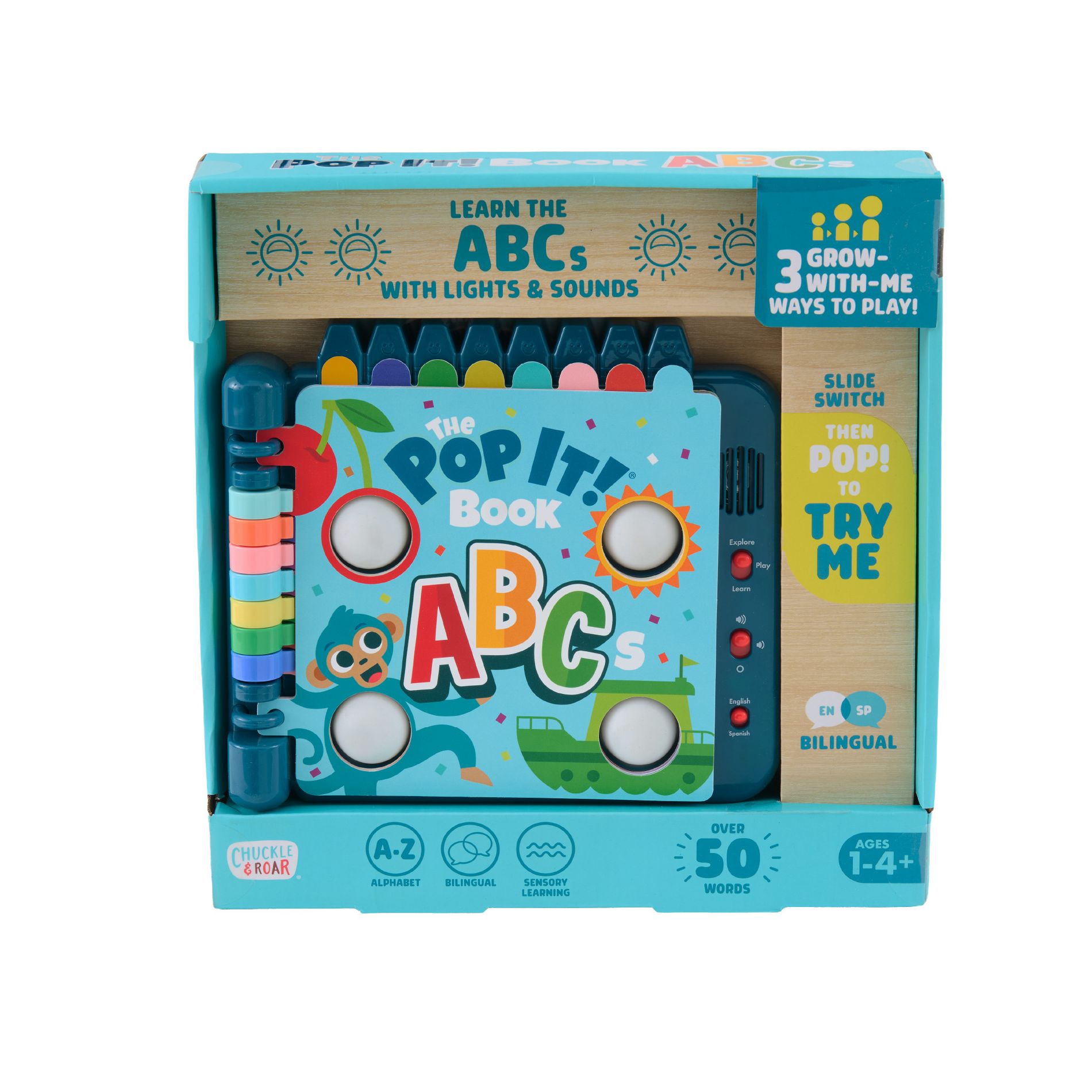 Chuckle & Roar Pop It! Book ABCs Interactive Light-Up Learning Book with Pop it! Bubbles, Bilingual Learning, 3 play modes – Ages 1–4+