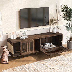 Bella Depot 74''W Mid-Century Modern TV Stand 2 in 1 PET Walnut TV Stand Cat house With Sliding door - 1 of 4
