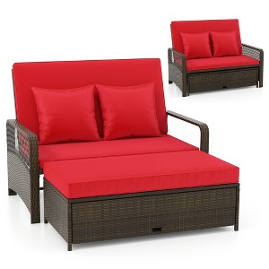 Tangkula Patio Rattan Daybed Wicker Loveseat Sofa w/ Multifunctional Ottoman - 1 of 4