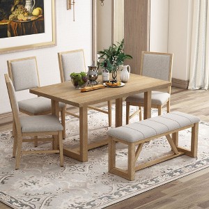 NicBex Dining Table Set for 6 Retro Rectangular Table with Trestle Base 4 Chairs and 1 Bench for Kitchen - 1 of 4