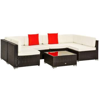 Outsunny 7 Piece Outdoor Patio Furniture Set, PE Rattan Wicker Sectional Sofa Set with Couch Cushions, Pillows,  Coffee Table, Orange, White