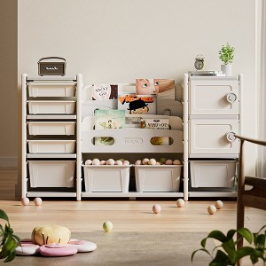 Kumasinova Multifunctional Kids Toy Storage Organizer,4-Tier Bookshelf with 8 Bins,Cabinet Shelves&Toy Bookcase for Bedroom&Playroom,Grey+Ivory - 1 of 4