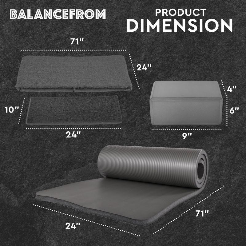 BalanceFrom Fitness 7-Piece Home Gym Yoga Set with 1-Inch Thick Yoga Mat, 2 Yoga Blocks, Mat Towel, Hand Towel, Stretch Strap & Knee Pad, Gray, 3 of 7