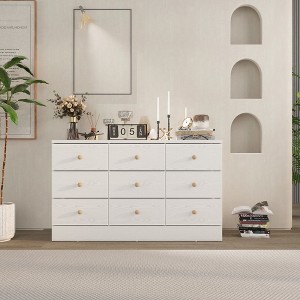 Hitow 9 Drawer Woodgrain Finish Horizontal Dresser Ball Pull Chest of Drawers Storage White - 1 of 4