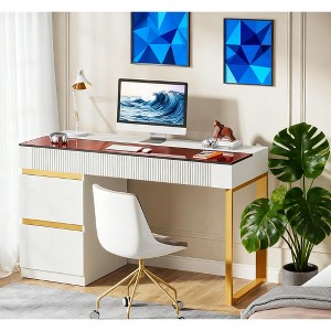 Gulches 47" Computer Desk with 4 Drawers, Modern Glass Top Home Office Desk, White & Gold Writing/Makeup Vanity - 1 of 4