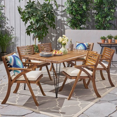 Blaine 7pc Acacia Wood Dining Set Teak/Cream - Christopher Knight Home