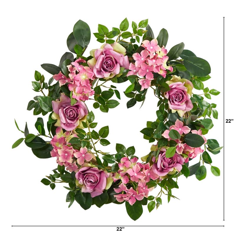 Nearly Natural 22” Pink Hydrangea and Rose Artificial Wreath, 2 of 5