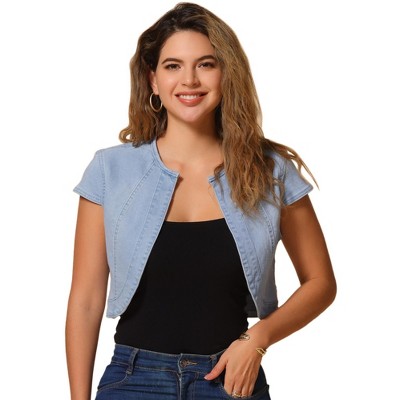 INSPIRE CHIC Women's Cap Sleeve Slim Fit Summer Open Front Crop Denim Jacket