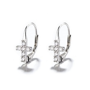 18K white Gold Crystal Cross Omega Lever back Earrings - 1 of 4