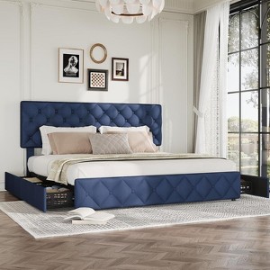 Queen Size Bed Frame with 4 Storage Drawers and Adjustable Headboard, Linen Upholstered Platform Bed Frame, Diamond Stitched Button Tufted, Blue - 1 of 4