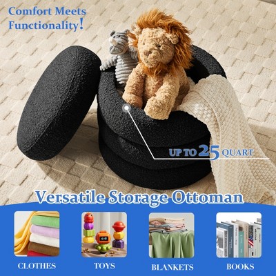 Gericco 16.9" Round Ottoman with Storage for Living Room Small Boucle Foot Stool Modern Upholstered Vanity Stool Ottoman Foot Rest