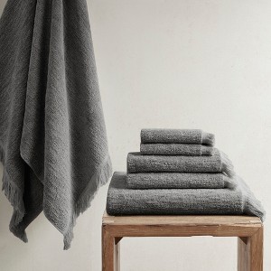 6Pcs 100% Cotton Solid Color Heavy Weight Bath Towel, Ink Dyed Slub Pattern Rich Texture Absorbent Bath Towel - 1 of 4