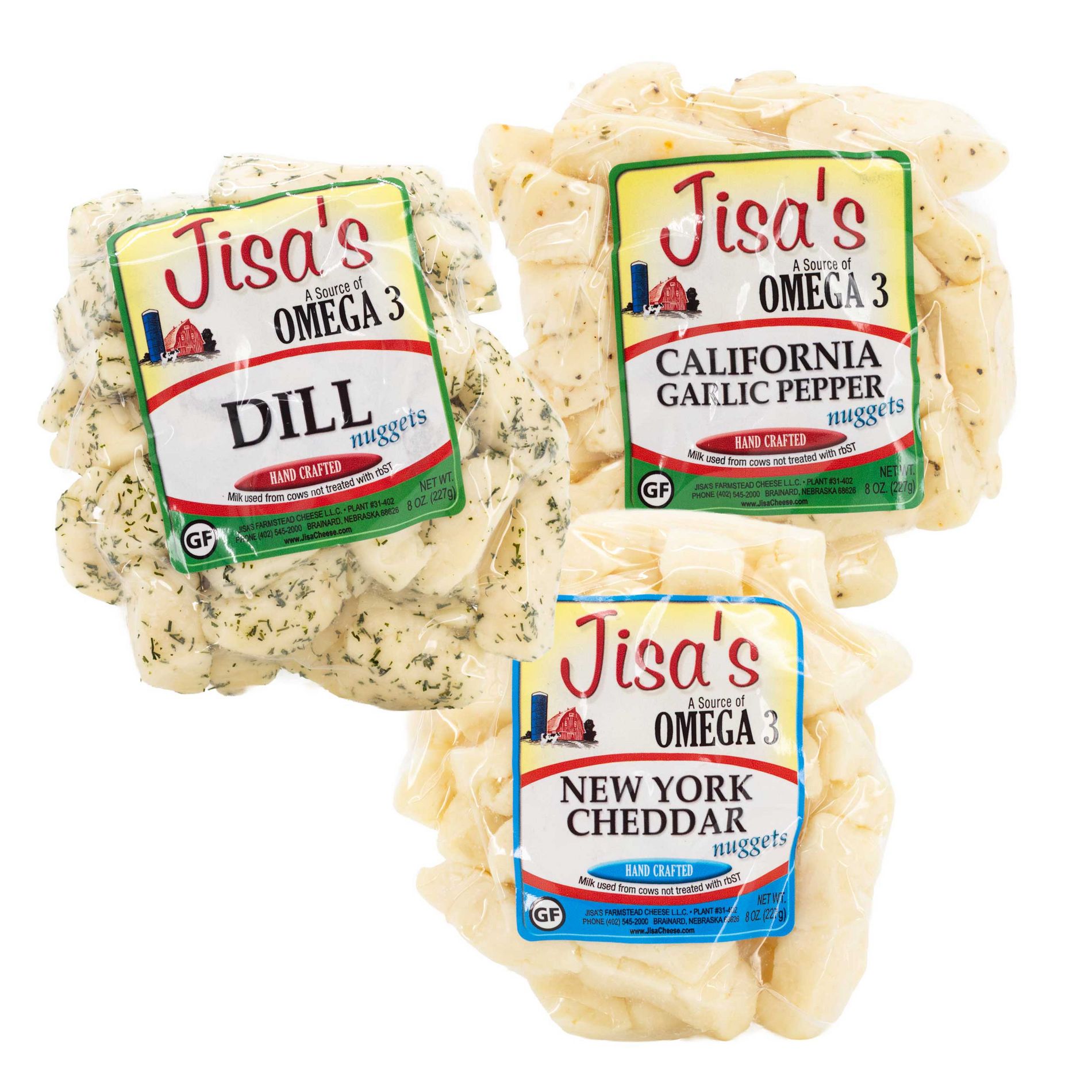 Jisa's Farmstead Cheese Nuggets 3 Piece Sampler | New York Cheddar, Dill, California Garlic Pepper