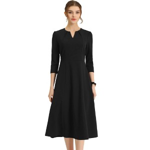 INSPIRE CHIC Women's Elegant Split Neck Side Zipper Pockets 3/4 Sleeve Work A-Line Dress - 1 of 4