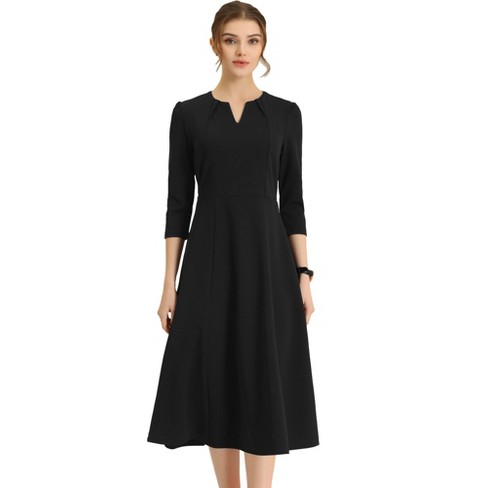 Allegra K Women's Work Elegant Boat Neck Roll Up 3/4 Sleeves Midi Split  Sheath Dress Black Large