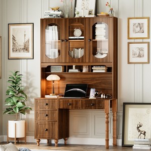 Wood Retro Desk with Hutch Cabinet and Storage Drawers with Transparent Glass-Door Bookshelf - 1 of 4