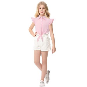 Girls Tie Front Knot Tops with Ruffle Sleeve Plaid Tops Tie Front Blouse Short Sleeve Button Down Shirts for Toddler Girls - 1 of 4