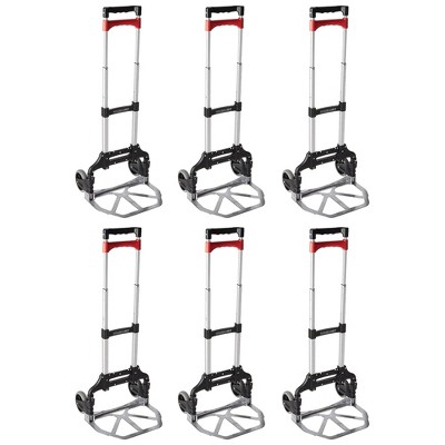 Magna Cart Personal 150 Pound Capacity Aluminum Folding Hand Truck Cart with Telescopic Handle and Foldable Wheels for Industrial, Black/Red (6 Pack)