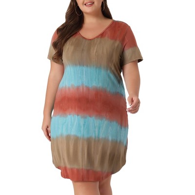 Agnes Orinda Women's Plus Size Tie Dye V Neck Trendy High Low Hem Casual Midi T-Shirt Dress