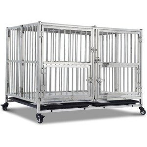 Jojoka 48 Inch Heavy Duty Stainless Steel Dog Crate, Indestructible Kennel Cage with Wheels, Double Doors, Removable Tray - 1 of 4