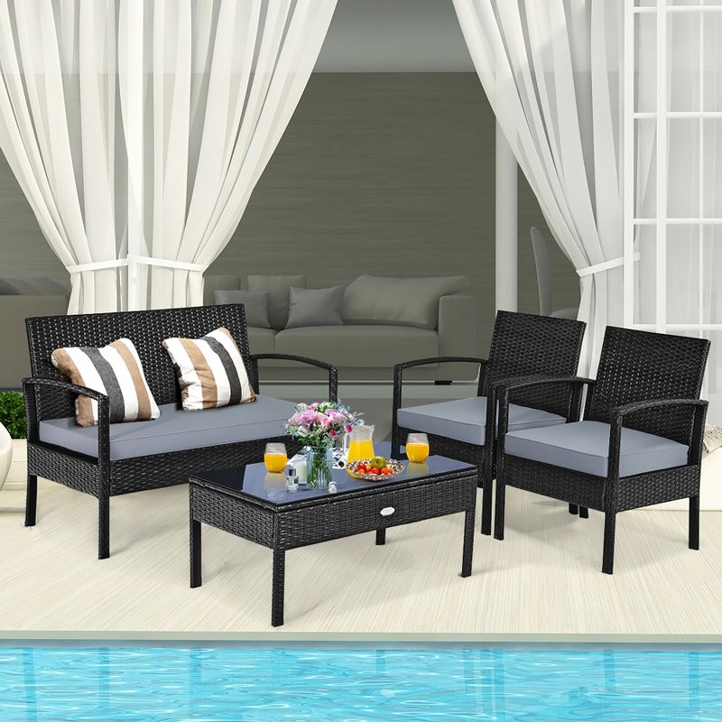 Costway 4PCS Outdoor Patio Rattan Furniture Set Cushioned Sofa Coffee Table Garden Deck, 5 of 13