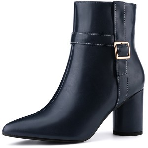 BLISSFUL STEP Women's Pointed Toe Block Chunky Heel Buckle Decor Ankle Boots - 1 of 4