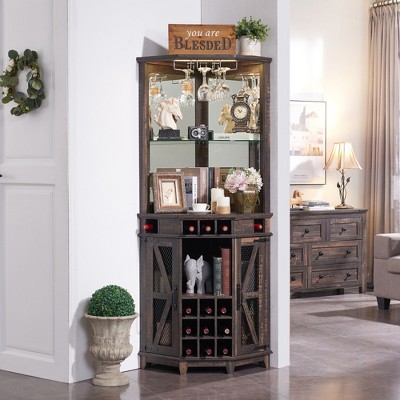 OKD 72" Corner Bar Storage Cabinet, Tall Wine Bar Cabinet w/Barn Door & Adjustable Shelf, Home Bar Cabinet w/LED Light & Glass Rack