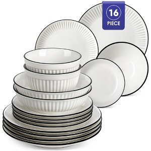 vancasso 16-Piece Stackable Black-Trim White Ceramic Set - Full Service for 4 with Soup Bowls - 1 of 4