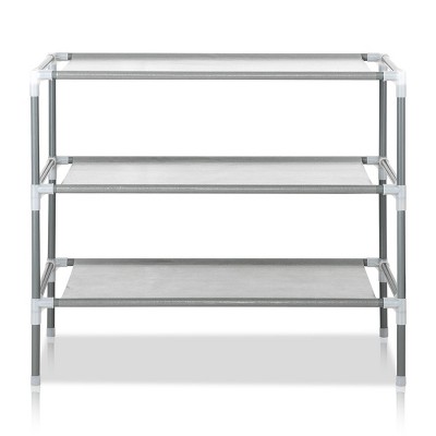 SEVOBAL 3 Tier No-Woven Fabric Steel Stackable Storage Shelves Vertical Shoe Tower Space Saver High Capacity for Living Room, Gray, 21.46"*3.94"*3.54"