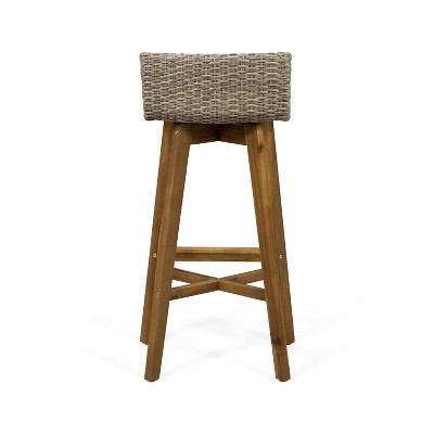 La Brea Acacia Wood and Wicker Patio Barstools, Set of 2, Light Brown
