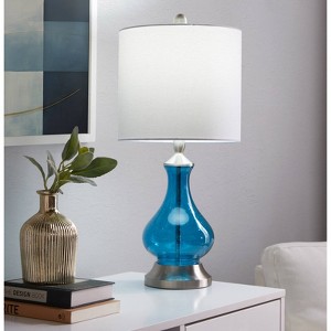 LumiSource Jasmine 22" Contemporary Table Lamp Clear Sapphire Blue Seeded Glass, Brushed Nickel and White Linen Shade - 1 of 4